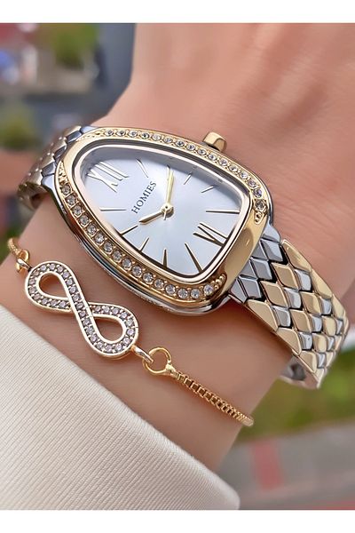 Homies Brand Gold Silver Color 2 Years Warranty, Stainless, Waterproof, Rhinestone, Women's Wristwatch +Bracelet