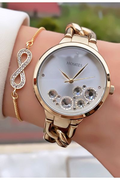Homies Brand Gold Color 2 Years Warranty, Stainless, Waterproof Women's Wristwatch - +Gift