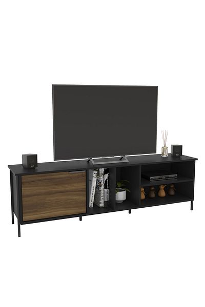 POLITORNO 65" TV Table with Shelves and Drawer for Living Room and Home Black & Brown 160*35.5*40.5