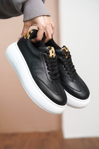 Moda Değirmeni Black Skin Women's Leopard Patterned Thick Sole Sneaker Md1165-101-0002
