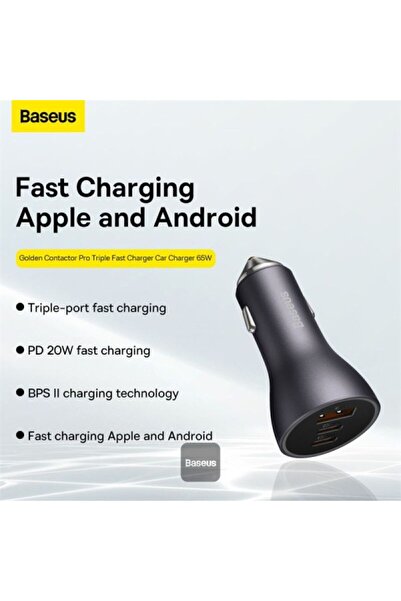 Baseus Baseus Golden Contactor Pro Triple Port Fast Car Charger - 65W - Dark Grey