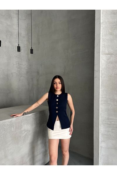 İLKCET MODA زر التفاصيل الأزرق الداكن الخامس قطع سترة طويلة