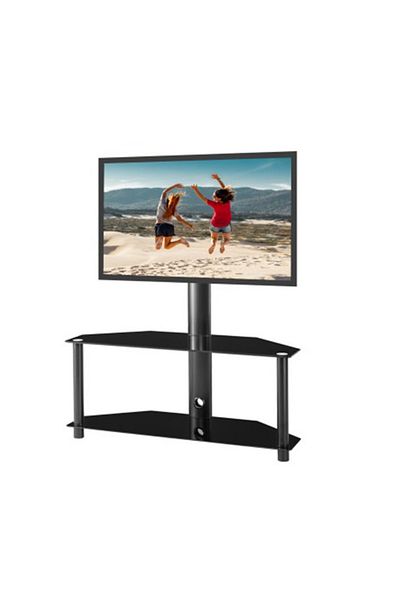 FlashHawk Swivel Floor TV Stand with 2 Tier Storage Tempered Glass Shelves and Height Adjustable TV Stand