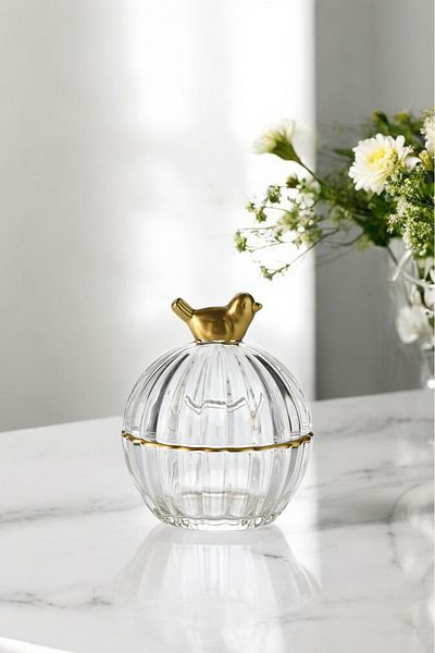 Wow Home Gold Gilded Bird Detailed Covered Round Glass Sugar Bowl Turkish Delight Bowl Presentation Bowl