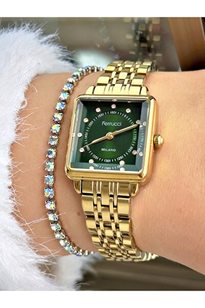 Ferrucci FERRUCCİ YEŞİL KADRANLI KARE KESME CAMLI RAKAMLARI TAŞLI GOLD METAL ...