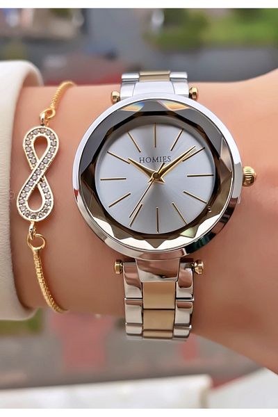 Homies Brand Gold Silver Color 2 Years Warranty, Stainless, Waterproof Women's Wristwatch - Bracelet Gift
