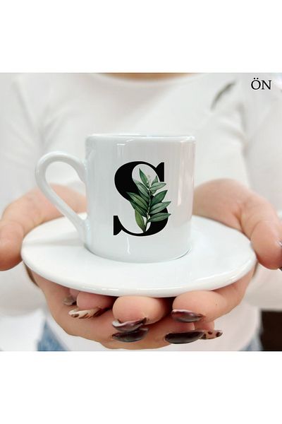 Hediyeciabla Special Design Special Moments Turkish Coffee Cups with Letter S and Floral Leaves