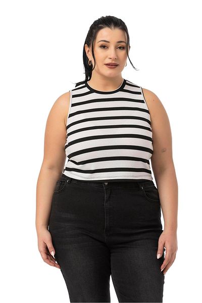 DISENTIS MODEST Plus Size Χοντρό ριγέ Κοντό Λευκό Μαύρο Σώμα