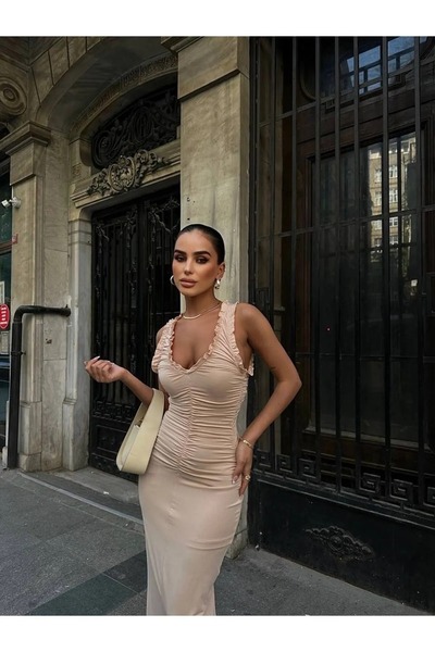 Marbella Kadın Fırfırlı V Yaka Drapeli Yırtmaç Detay Streç Elbise