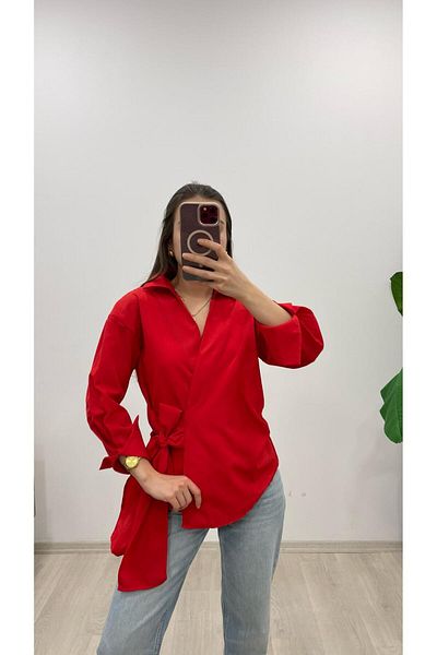 Nazline Women's Side Tie Shirt Collar Poplin Shirt