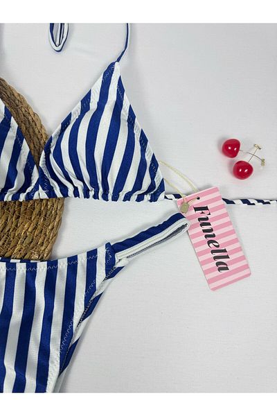 FUNELLA Navy Blue Colored Striped Shiny Fabric Halter Triangle Bikini Set