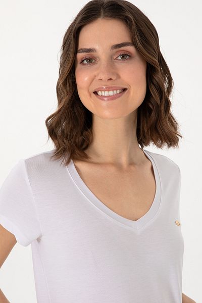 U.S. Polo Assn. Tricou alb de bază cu decolteu în V pentru femei 50300829-vr013