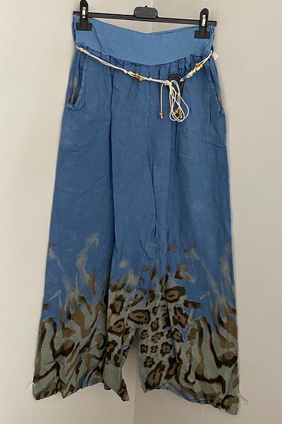 AYASOFYA OTANTIK Women's Italian Indigo Blue Rope Belt Detailed Loose Wide Leg Linen Trousers with Side Pockets