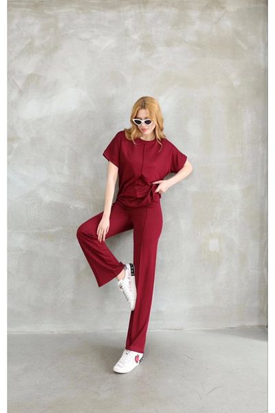 fh fashionhere Osy Modal Soft Textured Fabric Crew Neck Short Sleeve Set - Claret Red