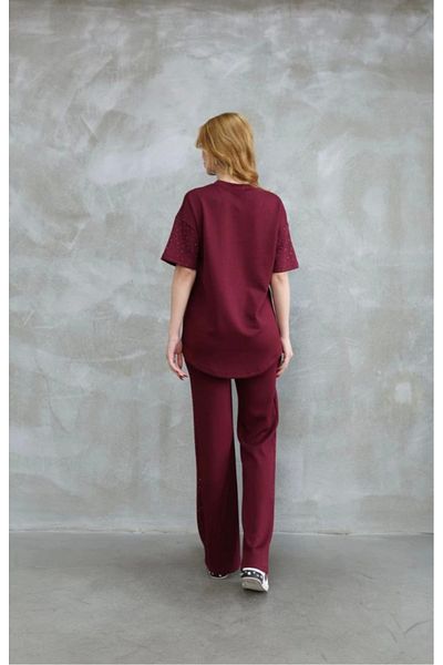 fh fashionhere Osy Modal Soft Textured Fabric Crew Neck Stone Detailed Short Sleeve Set - Claret Red