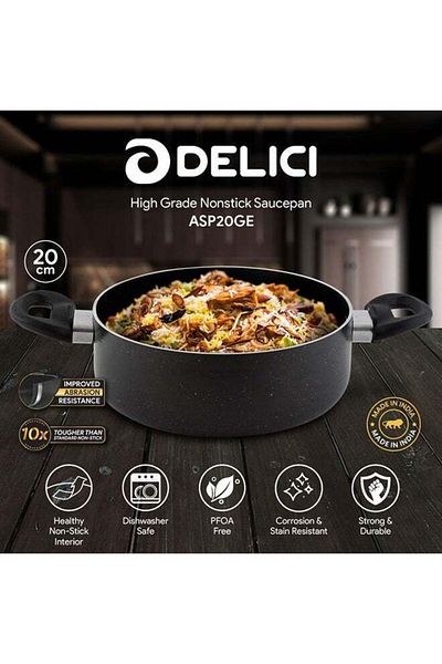 DELICI Aluminium Sauce Pan 20 Cm Asp20ge - Granite Gray With White Spatter Heat Proof Handle & Knob