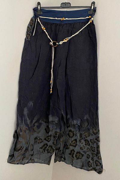 AYASOFYA OTANTIK Women's Italian Navy Blue Rope Belt Detailed Loose Wide Leg Linen Trousers with Side Pockets