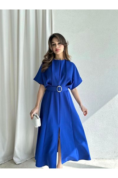 Afiş Butik Rochie midi cu pliuri cu fantă Saks albastră