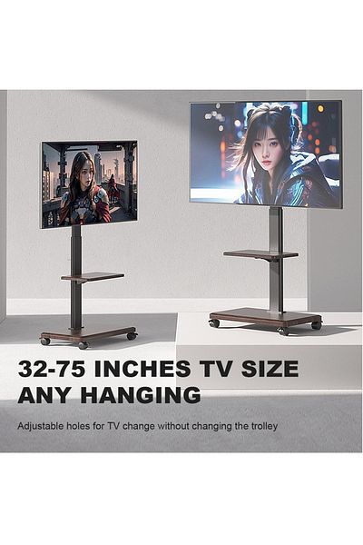 HILLPORT Mobile Floor TV Stand for 32 to 70 inch TVs with Wooden 2 Storage Base