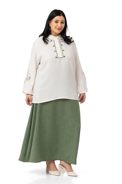 DISENTIS MODEST Set de două piese kaki cu fustă bluză cu broderie de mărime mare