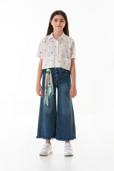 Fulla Moda 100% Cotton Girls' Trousers with Adjustable Waist and Tassels