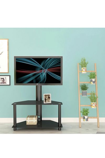 FlashHawk Swivel Floor TV Stand with 2 Tier Storage Tempered Glass Shelves and Height Adjustable TV Stand