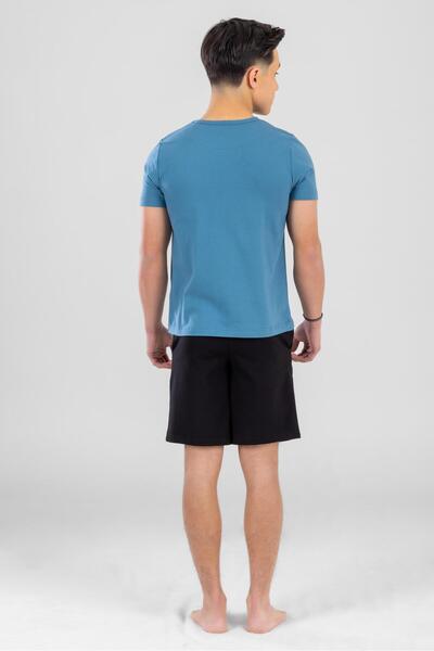 BAYKAR Genç Erkek Çocuk Pamuklu Bisiklet Yaka Yazı Baskılı Kısa Kollu Şortlu Pijama Takımı 9616 Mavi