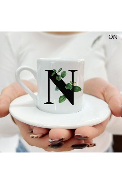 Hediyeciabla Special Design Special Moments Turkish Coffee Cups with Letter N and Floral Leaves