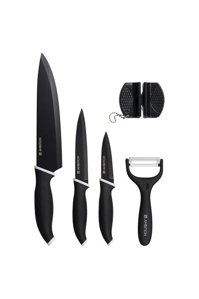 Ambition Knife set, 5 pieces, includes sharpener and peeler, black, Elementi