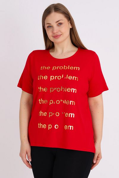 İntensive Red Short Sleeve Printed Women's Large Size Comfortable Fit T-Shirt