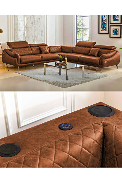 Velura Home & Living Ezel Köşe Takımı & Hoparlörlü, USB Portlu, Motorlu Sağ K...