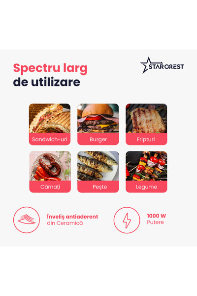 STARCREST Gratar Panini STARCREST SGR-2424BX, 1000 W, Deschidere 180°, Negru/Dark inox
