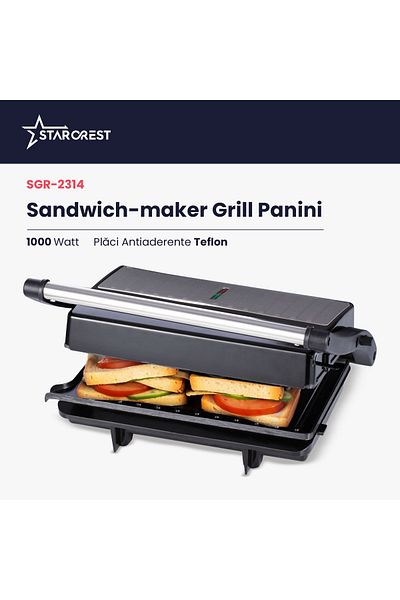 STARCREST Sandwich-maker Grill Panini STARCREST SGR-2314, 1000 W, Placi nonaderente, Deschidere 180°, Negru