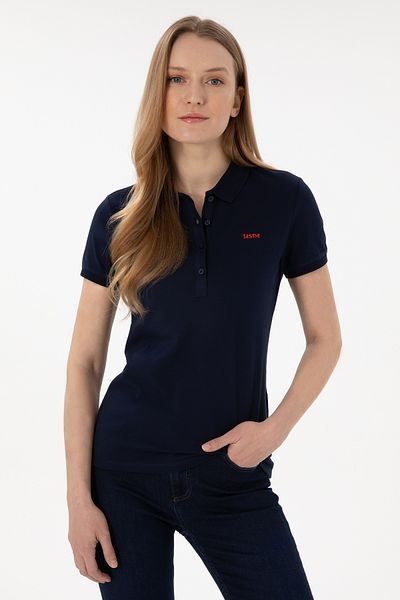 U.S. Polo Assn. Tricou de bază cu gât polo albastru bleumarin pentru femei 50305764-VR033