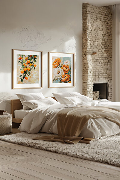 STARYUNA Yağlıboya efektli portakallı çiçekli vintage ahşap çerçeveli 2'li tablo seti Yuna111