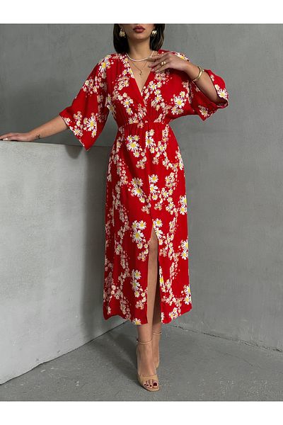 BEJNA Women's Double Breasted Neck Slit Long Summer Dress
