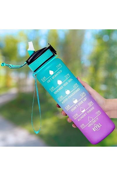 Generic Fly Depot Water Bottle 1L / 32oz with Motivational Time Marker Straw Strainer Tritan Plastic BPA Fr