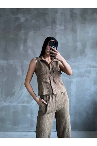solena sln Women's New Season Crinkle Fabric Vest Pants Set
