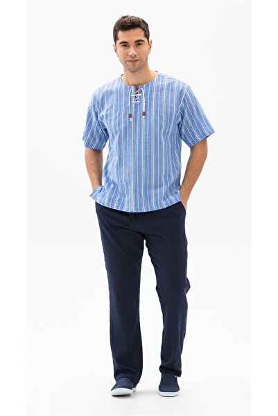 Eliş Şile Bezi Ανδρικό καλοκαιρινό μπλουζάκι με κοντό μανίκι Sile υφασμάτινο καρφιτσωμένο μπλε λευκό ριγέ 3019