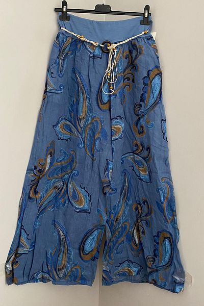 AYASOFYA OTANTIK Pantaloni de in pentru femei, albastru indigo italian, cu centură de frânghie, cu buzunare laterale largi