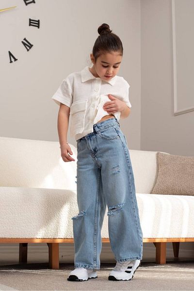 2kids2mom Ripped Detailed Wide Leg Waist Adjustable Jeans (5 - 12 Years)