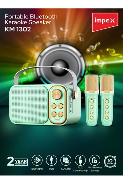 İMPEX Portable Bluetooth Karaoke Speaker - Km1302, With 2 Wireless Mics, Voice Modulation, Type-c Charging