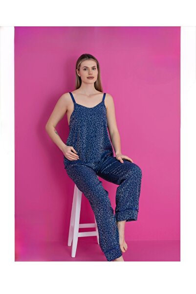 CHARME Leopar Desenli Gece Mavisi Leona Lüx Askılı Pijama Takımı