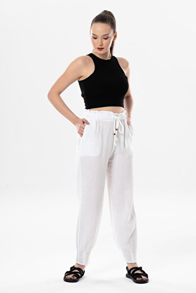 Eliş Şile Bezi Muslin Carrot Summer Trousers White Byz