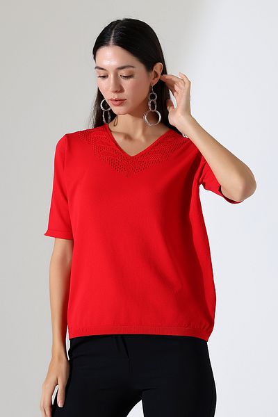 Devinka Women's Red V-Neck Lace Detailed Comfortable Fit T-Shirt