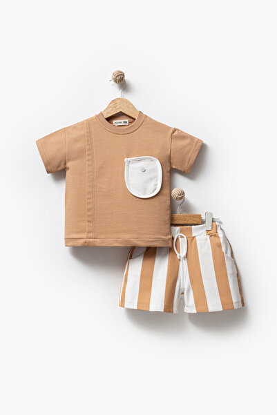 Jikko Baby Cep Detaylı Tişört ve Çizgili Şort Yazlık 2'li Takım 3610