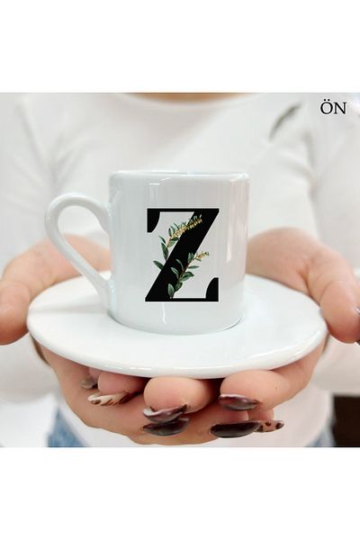 Hediyeciabla Special Design Special Moments Turkish Coffee Cups with Letter Z and Floral Leaves