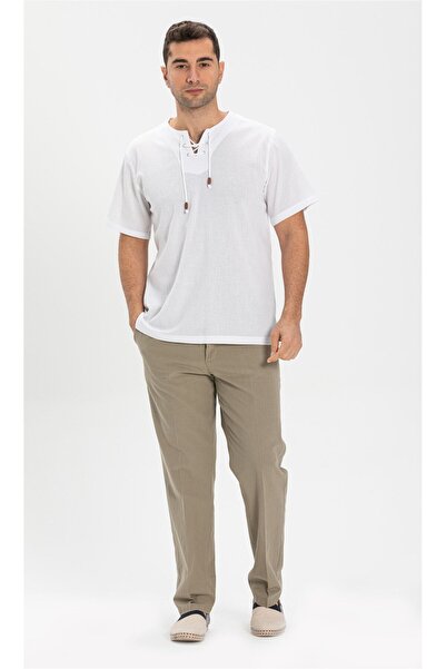 Eliş Şile Bezi Ανδρικό καλοκαιρινό μπλουζάκι μεγάλου μεγέθους με κοντό μανίκι Şile υφασμάτινο λευκό 3001