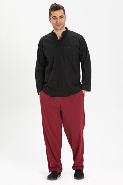 Eliş Şile Bezi Ανδρικό καλοκαιρινό μπλουζάκι μεγάλου μεγέθους Şile με μακρύ μανίκι μονή τσέπη με γιακά δικαστή μαύρο 3003