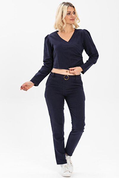 Eliş Şile Bezi Uzun Kol Kruvaze Pazen Sonbahar ve Kışlık Bluz Lacivert Lcvt